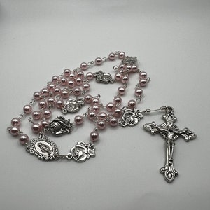Hand Crafted Pink Rosary, Miraculous Medal Centerpiece. European Glass Pearl Rosary in Pink. Blessed by Catholic Priest.