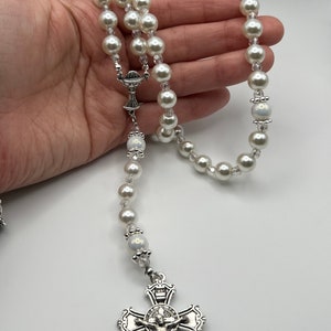 Hand Crafted First Communion Rosary, Gorgeous Holy Chalice Centerpiece. European Glass Pearl Rosary in White. Blessed by Catholic Priest. image 1