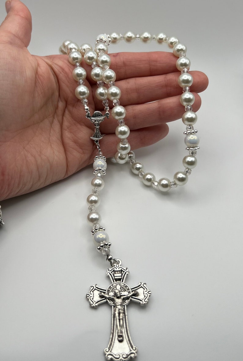 Hand Crafted First Communion Rosary, Gorgeous Holy Chalice Centerpiece. European Glass Pearl Rosary in White. Blessed by Catholic Priest. image 1