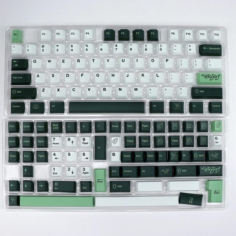 May include: A clear keyboard cover with white and dark green keycaps. The keycaps have white lettering and symbols. Some keys are light green with leaf designs. The keyboard layout includes function keys, letters, numbers, and symbols.