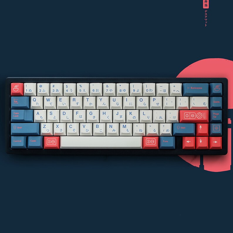 May include: A white and blue mechanical keyboard with Japanese characters on the keys. The keyboard has a black frame and red and blue keycaps. The keyboard is on a blue background.