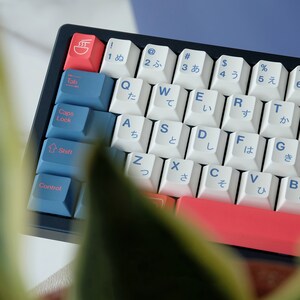 May include: A blue and white keyboard with Japanese characters on the keys. The keyboard has a red and white space bar.