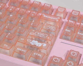 Cute Cat Transparent Keycaps | Pink Crystal Anime Style | RGB Gaming Setup