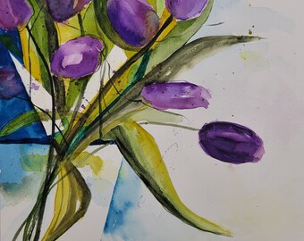 Purple Tulips Original Watercolor
