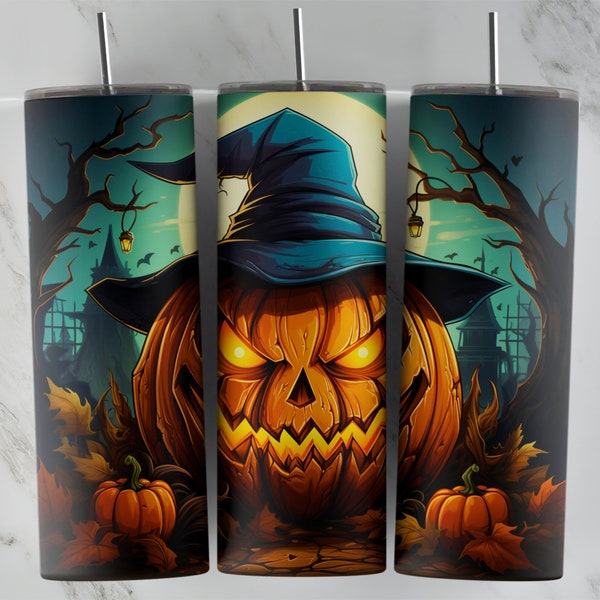 Carved Pumpkin Tumbler Design, Sublimation Designs, Spooky Season Cup Template, Halloween
