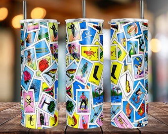 May include: Three stainless steel tumblers with a colorful design featuring images from a deck of Loteria cards. The tumblers are all the same size and shape, and they have a white lid and a straw.