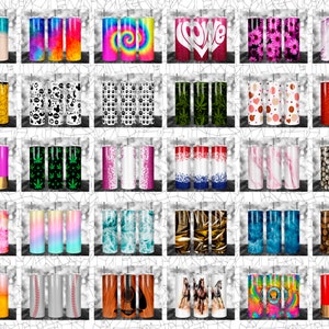 May include: Collection of 20 oz. insulated tumblers with various designs. Designs include tie-dye, floral, marble, and patriotic themes. Some tumblers feature text like "LOVE" and others have sports or nature-inspired graphics. Each tumbler has a straight, cylindrical shape.