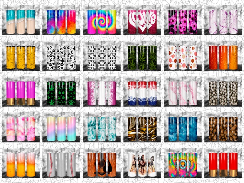 May include: Collection of 20 oz. insulated tumblers with various designs. Designs include tie-dye, floral, marble, and patriotic themes. Some tumblers feature text like "LOVE" and others have sports or nature-inspired graphics. Each tumbler has a straight, cylindrical shape.