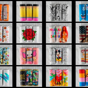 May include: A collection of various 20oz stainless steel tumblers. Designs include cartoon characters, floral patterns, and pop culture references. The tumblers feature glitter accents and vibrant colors, suitable for hot or cold beverages.