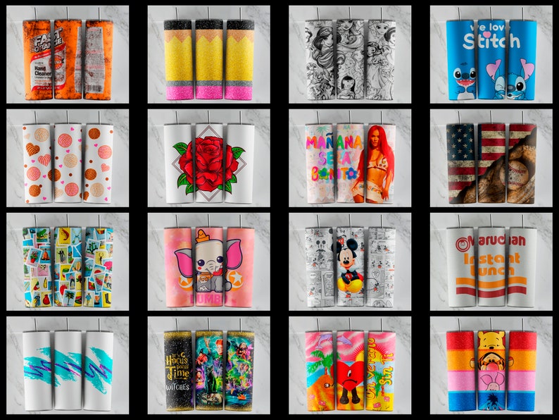 May include: A collection of various 20oz stainless steel tumblers. Designs include cartoon characters, floral patterns, and pop culture references. The tumblers feature glitter accents and vibrant colors, suitable for hot or cold beverages.