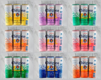 May include: Nine 20-ounce stainless steel tumblers with a glitter finish. The tumblers feature a design inspired by a popular Mexican beer brand. The tumblers are in various colors, including yellow, pink, green, orange, and blue.