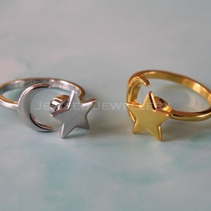 Moon and Star Ring - Adjustable Fidget Ring - 925 Sterling Silver Anxiety Ring - Spinning Worry Rings For Women , Perfect Gift For Her