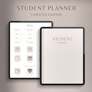 Könnte beinhalten: Ein digitaler Planer für Studenten mit einem weißen Cover und dem Text "STUDENT PLANNER" in brauner Schrift. Der Planer hat ein digitales Inhaltsverzeichnis mit Registerkarten für jeden Monat des Jahres, Abschnitte für Semester 1 und 2, Abschnitte für Kalender, persönliche Vorlagen, Finanzen und Wellness.