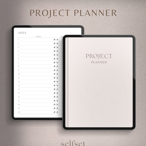 May include: A black and white digital planner with the text "PROJECT PLANNER" on the cover. The planner has a white background with a subtle texture. The planner is open to a page with an index and a list of projects.