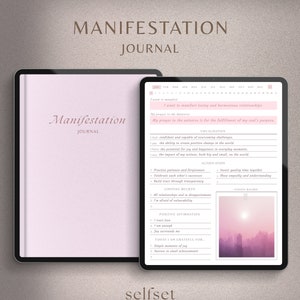 May include: A pink and white digital planner with the text "Manifestation Journal" on the cover. The planner includes sections for visualisation, action steps, limiting beliefs, positive affirmations, and gratitude. The planner also includes a vision board section with a pink and white image of a city.