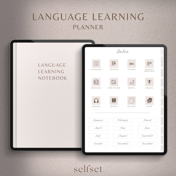 Agenda d'apprentissage des langues pour GoodNotes, carnet de notes, étude et apprentissage anglais, chinois, français, espagnol, allemand, cahier de vocabulaire, grammaire