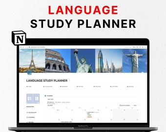 Language Study Planner for Notion, Notion Template, Study and Learn English, Chinese, French, Spanish, German, Vocabulary Workbook, Grammar