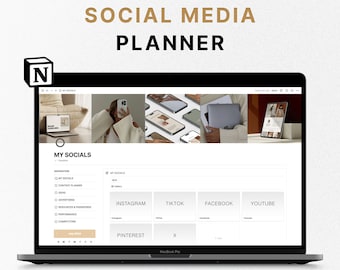 May include: A laptop screen displaying a Notion template for social media planning. The template includes sections for My Socials, Content Planner, Advertising, Performance, and Competitors. The template also includes a calendar view for scheduling posts. The template is designed for use with Instagram, TikTok, Facebook, YouTube, and Pinterest.