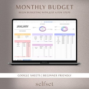Może przedstawiać: Szablon arkusza kalkulacyjnego Google Sheets do miesięcznego budżetu. Arkusz kalkulacyjny jest otwarty na laptopie i pokazuje r&oacute;żowo-niebieski wykres kołowy z tytułem "Pozostało do zbudżetowania" i liczbą "4 805 &euro;". Arkusz kalkulacyjny zawiera r&oacute;wnież sekcję dla "Panelu budżetowego", "Dochody", "Śledzenia pożyczek" i "Śledzenia rachunk&oacute;w". Arkusz kalkulacyjny nosi tytuł "STYCZEŃ", a tekst "MIESIĘCZNY BUDŻET" jest widoczny u dołu ekranu.