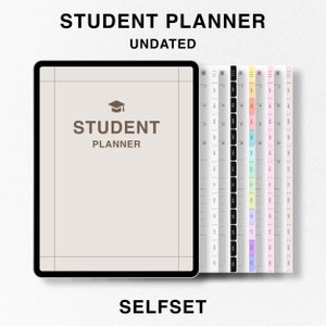 Peut inclure: Un planificateur numérique pour étudiants avec une couverture noire et une icône de chapeau de graduation. Le texte "STUDENT PLANNER" est affiché sur la couverture. Le planificateur n'est pas daté et comprend une variété de pages de calendrier mensuel colorées.