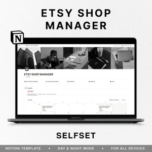 Könnte beinhalten: Ein Screenshot einer Notion-Vorlage zur Verwaltung eines Etsy-Shops. Die Vorlage enthält Abschnitte für Planung, Angebote und Ideen, Shop-Finanzen, Bestellungen und Informationen. Der Planungsbereich zeigt einen Kalender mit Aufgaben und Fristen.