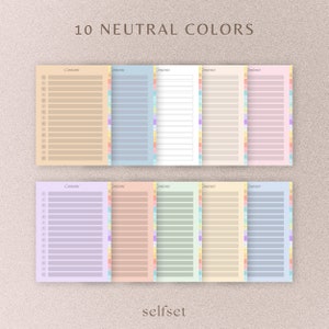 May include: Ten printable neutral color content pages with the text "Contents" at the top of each page. Each page has a different neutral color and a colorful vertical stripe on the right side.
