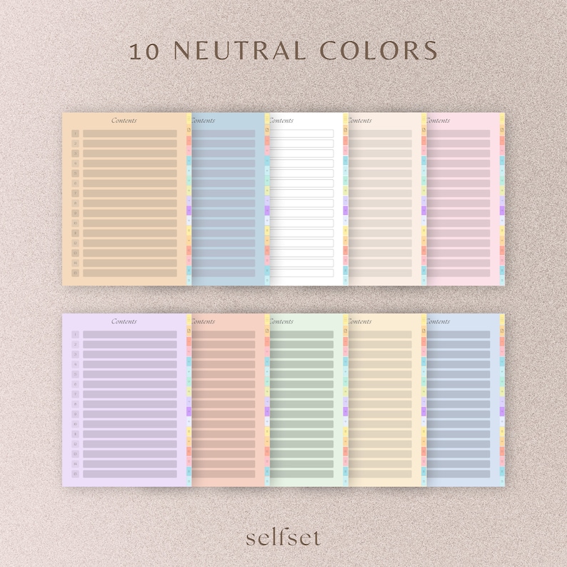 May include: Ten printable neutral color content pages with the text "Contents" at the top of each page. Each page has a different neutral color and a colorful vertical stripe on the right side.