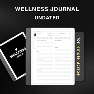 Könnte beinhalten: Ein schwarz-weißes digitales Wellness-Tagebuch für Kindle Scribe. Das Tagebuch enthält Abschnitte für tägliche Affirmationen, Dankbarkeit, Mahlzeiten, Training, Schlaf und Selbstpflege.