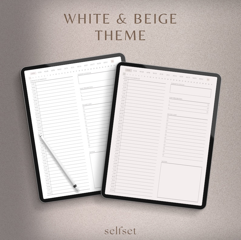 May include: Two digital tablets with a white and beige theme, displaying daily planner pages. The tablets are black with white screens, featuring a detailed layout for scheduling, to-do lists, and notes. The text "WHITE & BEIGE THEME" is at the top.