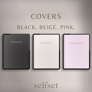 May include: Three notebook covers in black, beige, and pink. Each cover has the word "NOTEBOOK" printed in gold lettering. The covers are displayed on a textured gray background with the text "COVERS BLACK. BEIGE. PINK." and "selfset" printed below.