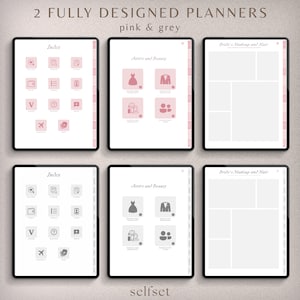 May include: Two digital planners with pink and grey accents. The planners are open to show the index, attire and beauty, and bride's makeup and hair sections. The index section has icons for various wedding planning topics.