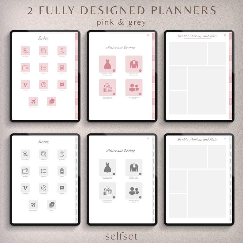 May include: Two digital planners with pink and grey accents. The planners are open to show the index, attire and beauty, and bride's makeup and hair sections. The index section has icons for various wedding planning topics.