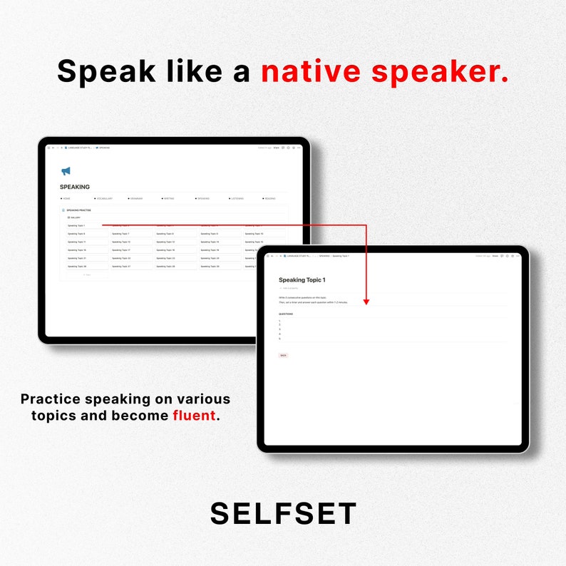 May include: A screenshot of a computer screen showing a website with a list of speaking topics. The website is called "Selfset" and the topics are listed in a table format. The website is designed to help people practice speaking English.