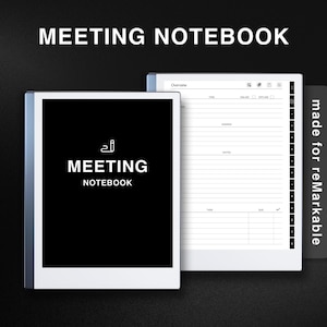May include: A black and white meeting notebook with the text "MEETING NOTEBOOK" on the cover. The notebook is made for the reMarkable tablet.