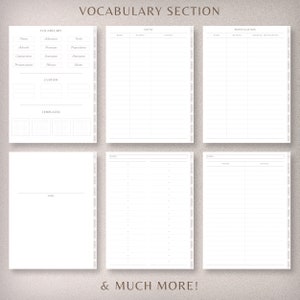 May include: A printable vocabulary planner with sections for nouns, verbs, adjectives, prepositions, pronunciation, and templates. The planner includes a section for custom vocabulary lists and a section for writing down topics.