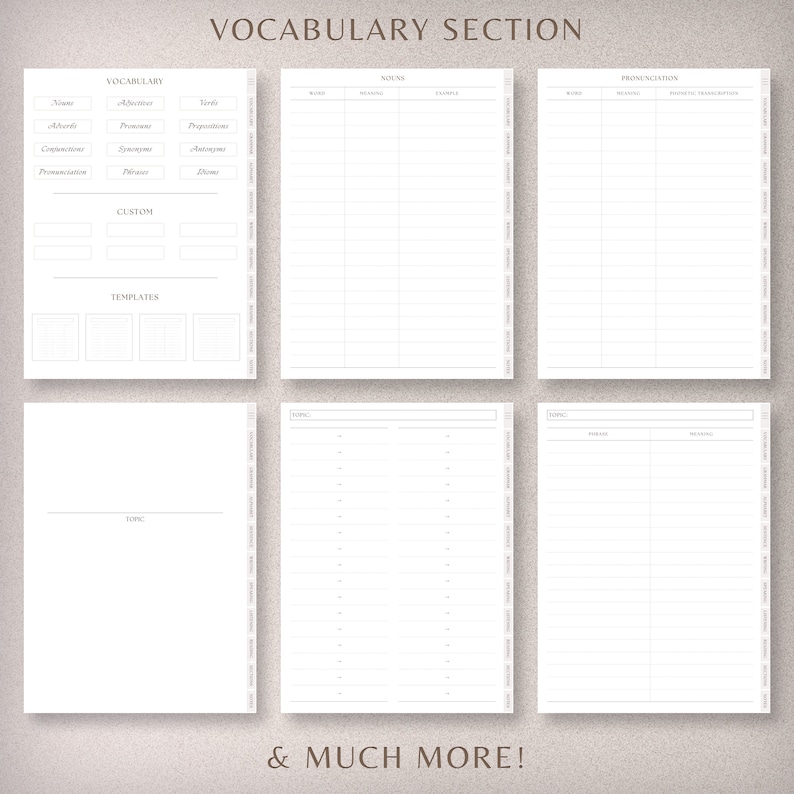 May include: A printable vocabulary planner with sections for nouns, verbs, adjectives, prepositions, pronunciation, and templates. The planner includes a section for custom vocabulary lists and a section for writing down topics.