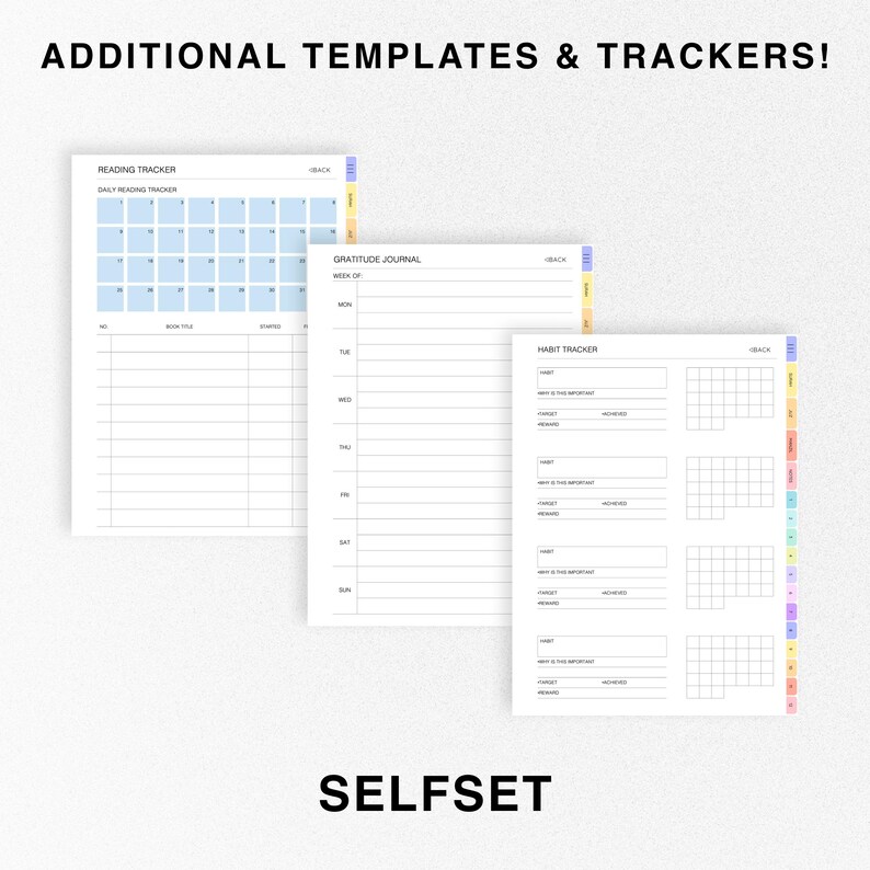May include: Three printable planner pages with pastel colored borders. The pages are titled "Reading Tracker", "Gratitude Journal", and "Habit Tracker". The pages are designed for use with a planner or bullet journal.
