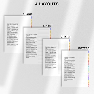 May include: Four different notebook layouts: blank, lined, graph, and dotted. Each page features a colorful rainbow-colored vertical ruler on the right side. The text "4 LAYOUTS" is at the top of the image. The text "BLANK", "LINED", "GRAPH", and "DOTTED" are at the top of each page.