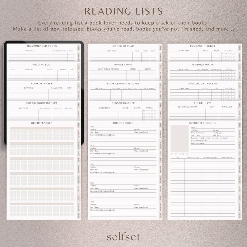 Peut inclure: Planificateur num&eacute;rique de listes de lecture avec des sections pour les livres recommand&eacute;s, le journal de lecture, les sorties de livres, etc. Le planificateur comprend des trackers pour les livres &agrave; lire, les livres que je poss&egrave;de et un tracker de podcasts. Le texte sur l'image dit "READING LISTS".