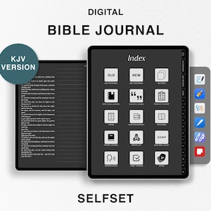 May include: Digital Bible Journal in KJV version with an index page showing different sections like Old Testament, New Testament, Scripture Journal, Notes, and more. The journal is designed for self-study and organization.