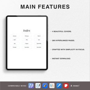May include: A digital planner with a monthly index, featuring 4 beautiful covers and 389 hyperlinked pages. It is crafted with simplicity in focus and includes an instant download. Compatible with popular note-taking apps.