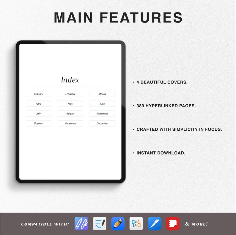 May include: A digital planner with a monthly index, featuring 4 beautiful covers and 389 hyperlinked pages. It is crafted with simplicity in focus and includes an instant download. Compatible with popular note-taking apps.