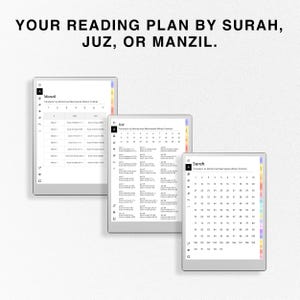 May include: A digital reading plan for the Quran, organized by Surah, Juz, and Manzil. The plan is displayed on three separate screens, each with a different color scheme.