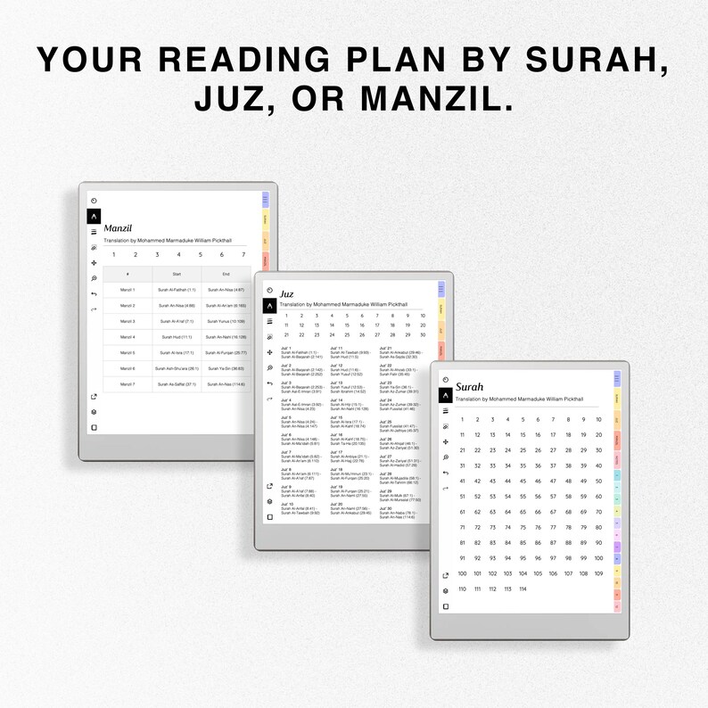 May include: A digital reading plan for the Quran, organized by Surah, Juz, and Manzil. The plan is displayed on three separate screens, each with a different color scheme.