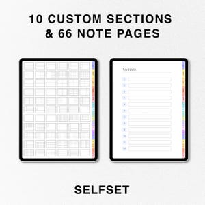 May include: Two digital tablets displaying a planner layout. The left tablet shows a grid of boxes, while the right shows a list of numbered sections. Text at the top reads "10 CUSTOM SECTIONS & 66 NOTE PAGES." The word "SELFSET" is at the bottom.