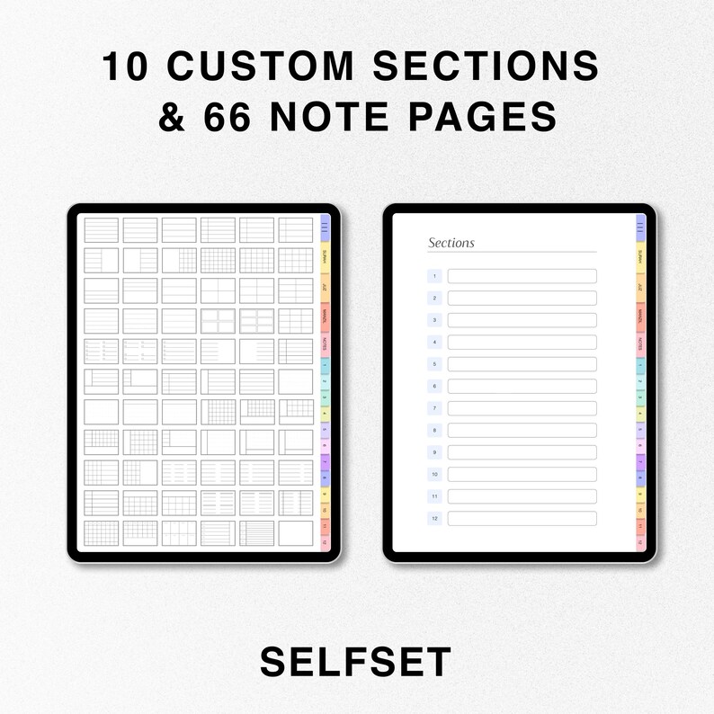 May include: Two digital tablets displaying a planner layout. The left tablet shows a grid of boxes, while the right shows a list of numbered sections. Text at the top reads "10 CUSTOM SECTIONS & 66 NOTE PAGES." The word "SELFSET" is at the bottom.