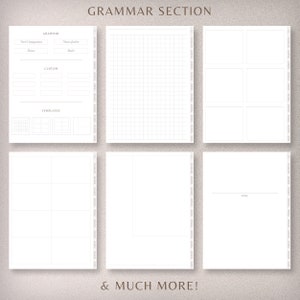 May include: A printable grammar workbook with sections for verb conjugation, noun gender, custom templates, and blank pages for writing. The workbook has a grid pattern and the text "GRAMMAR SECTION" at the top.