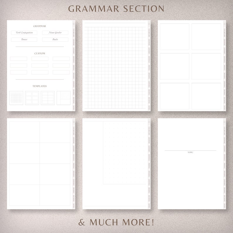 May include: A printable grammar workbook with sections for verb conjugation, noun gender, custom templates, and blank pages for writing. The workbook has a grid pattern and the text "GRAMMAR SECTION" at the top.
