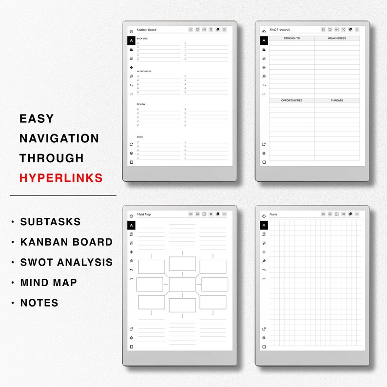 May include: Four digital planner pages with different layouts. The first page is a Kanban board with the headings "Back Log", "In Progress", "Review", and "Done". The second page is a SWOT analysis with the headings "Strengths", "Weaknesses", "Opportunities", and "Threats". The third page is a mind map with a central box and branches for connecting ideas. The fourth page is a gridded notes page.