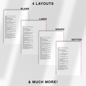 Peut inclure: Quatre mises en page diff&eacute;rentes pour un carnet&nbsp;: vierge, lign&eacute;, quadrill&eacute; et pointill&eacute;. Le texte "& much more!" est en bas de l&rsquo;image.